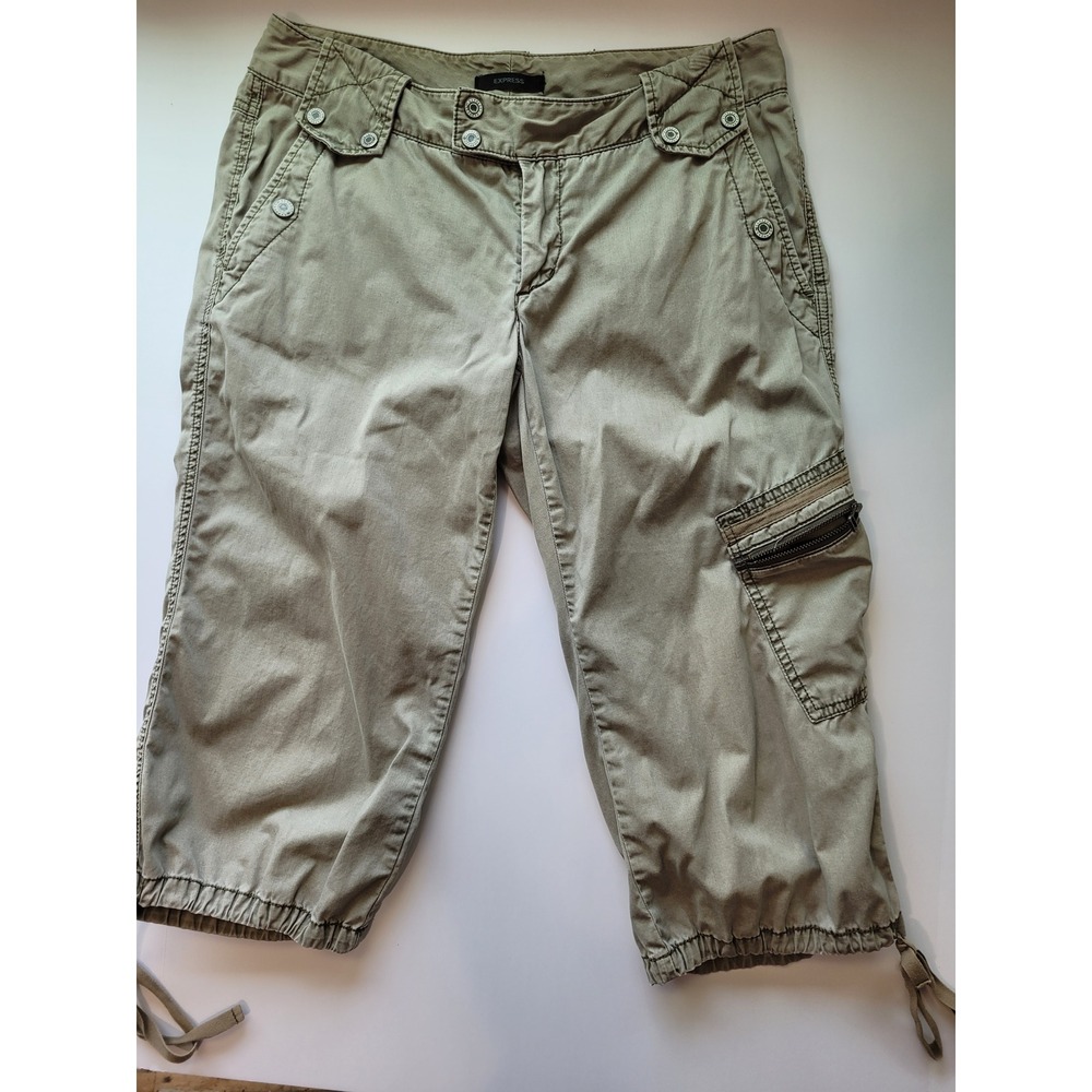 Express Womens Green Khaki Cargo Capri Pants Size 10 Utility Cropped Drawstring